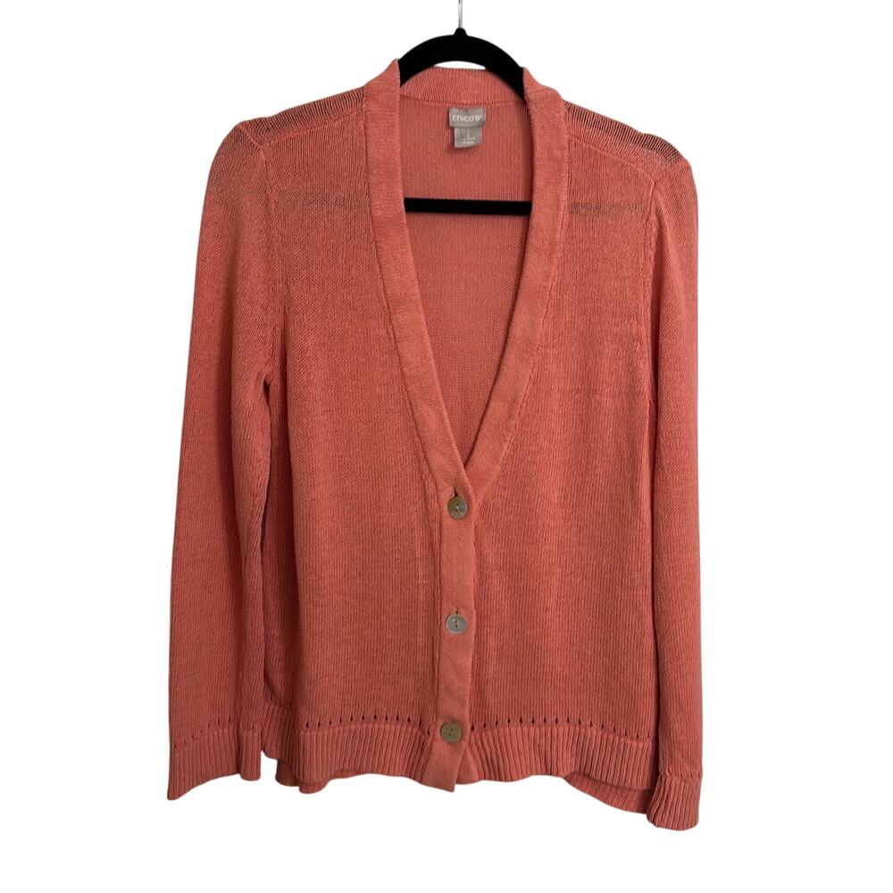 Chico's Cardigan Womens Size 1 Medium Peach Pink Linen Cotton Blend V-Neck